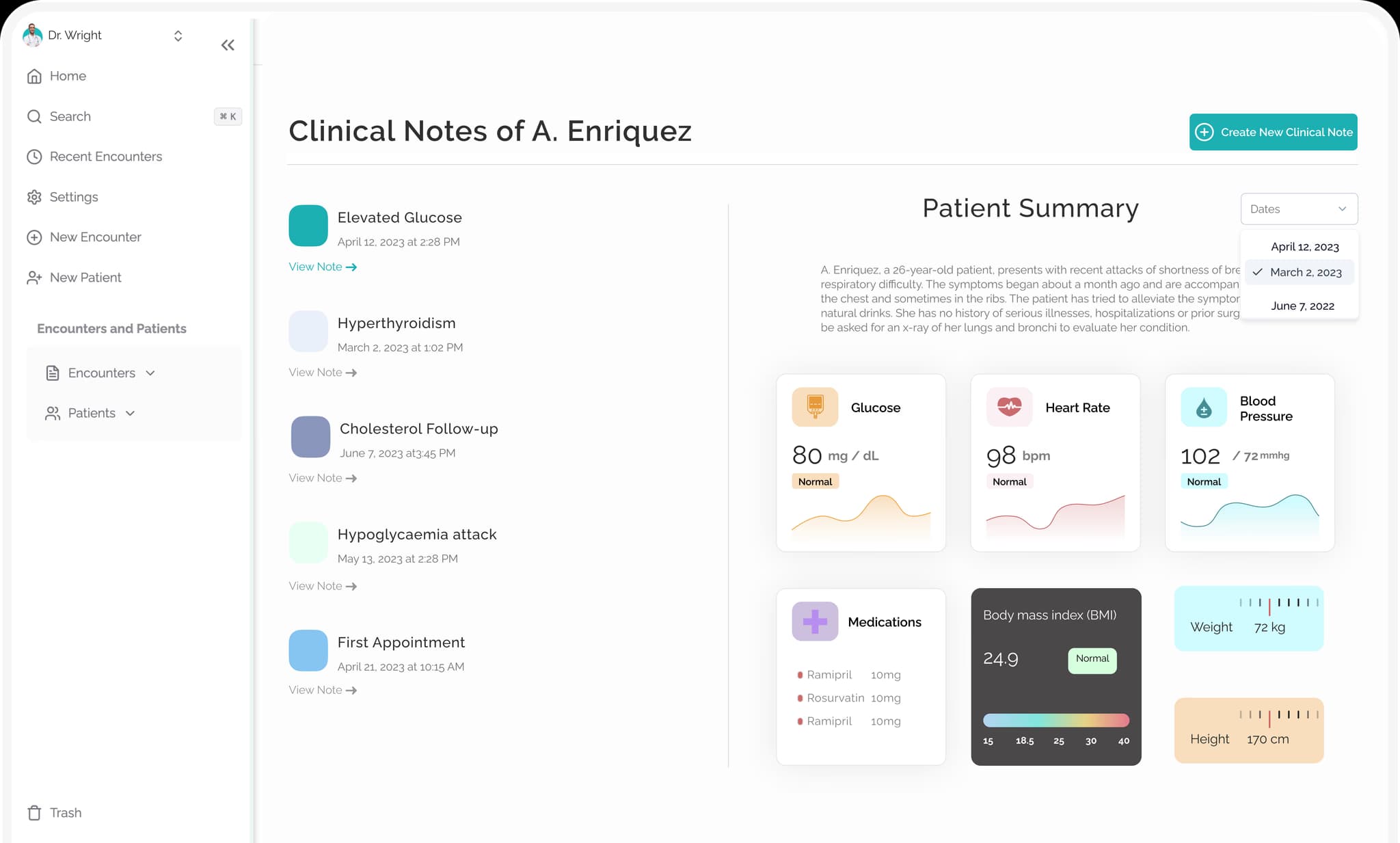 Comprehensive patient dashboard showing medical history and notes